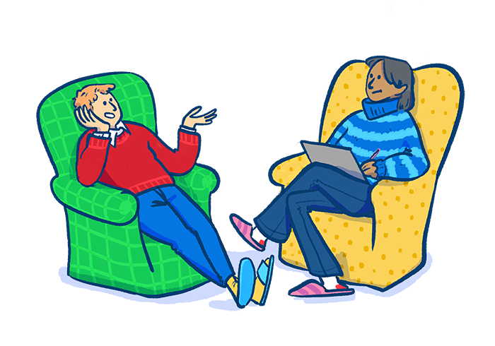 Illustration of two counselors in armchairs.